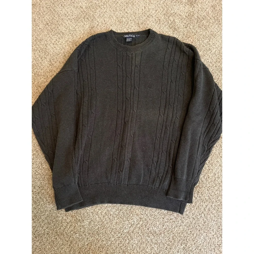VTG Nautica Mens Sweater XL Dark Gray Cable Knit Crew Neck Long Sleeve Pullover
